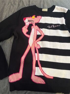 Warner Bros. Pink Panther Black & White Striped Crewneck Sweater